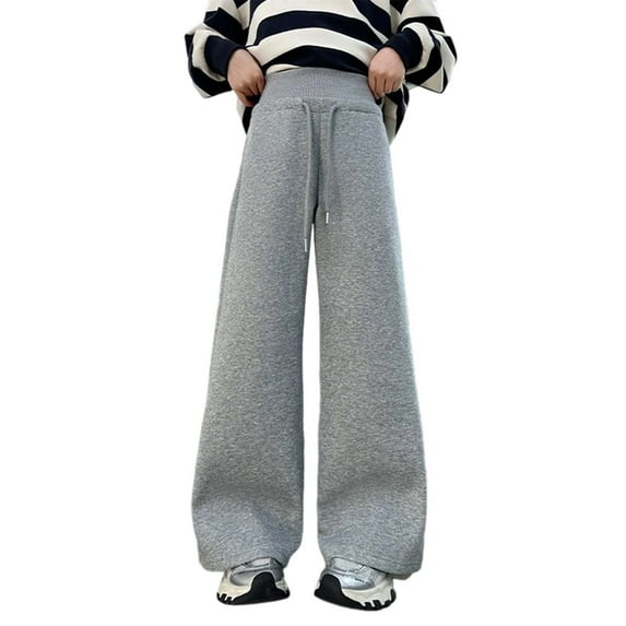FAOWME Big Kids Girls Casual Pants With Pockets Drawstring Elastic Waist Wide Leg Straight Fit Solid Color Comfortable Loose Fit Trousers For Daily Wear Grey 15-16 Years