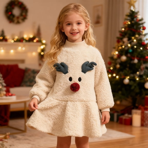 FAOWME Big Kids Girls Christmas Dress Long Sleeve Reindeer Design Plush Thickened Warm Stylish Dresses For Daily Wear And Party Beige 2-3 Years