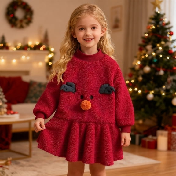 FAOWME Big Kids Girls Christmas Dress Long Sleeve Reindeer Design Plush Thickened Warm Stylish Dresses For Daily Wear And Party Red 1-2 Years