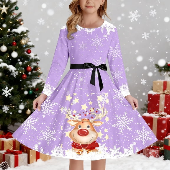 FAOWME Big Kids Girls Christmas Dress Long Sleeve Round Neck Reindeer Print Lace Up Front Stylish Comfortable Dresses For Party Light Purple 5-6 Years