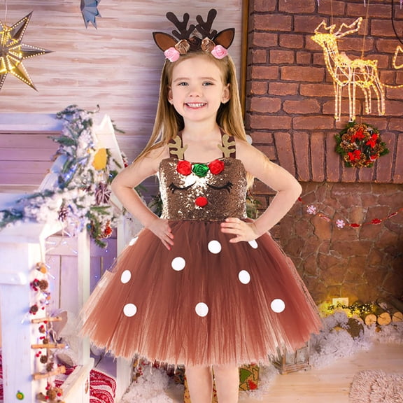 FAOWME Big Kids Girls Christmas Dress Sleeveless Suspenders Mesh Stylish Elegant Tutu Dresses With Reindeer Design Hairband For Festive Holiday Party Coffee 3-4 Years