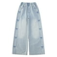 thumbnail image 1 of FAOWME Big Kids Girls Denim Pants With Pocket Elastic Waist Wide Leg Straight Fit Bow Embroidered Comfortable Loose Fit Jeans Trousers For Daily Wear Blue 9-10 Years, 1 of 7