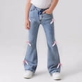 thumbnail image 1 of FAOWME Big Kids Girls Denim Pants With Pockets High Elastic Waisted Cute Bow Design Comfortable Flared Jeans Trousers For Daily Wear Blue 9-10 Years, 1 of 9