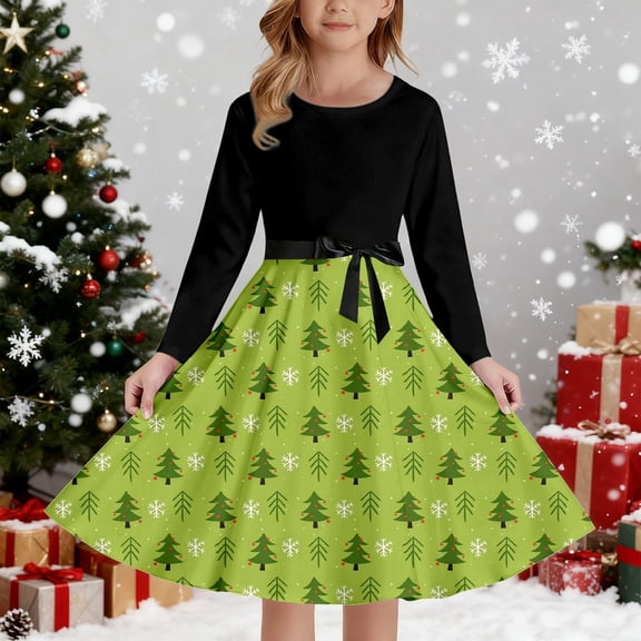 FAOWME Big Kids Girls Dress Long Sleeve Round Neck Christmas Tree Print Lace Up Back Elastic Zipper Stylish Comfortable Dresses For Party Green 5-6 Years