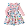 thumbnail image 1 of FAOWME Big Kids Girls Dress Long Sleeve Round Neck Cute Cartoon Dinosaur Print Bow Detail Cute Comfortable Dress For Casual Daily Wear Pink 5-6 Years, 1 of 7