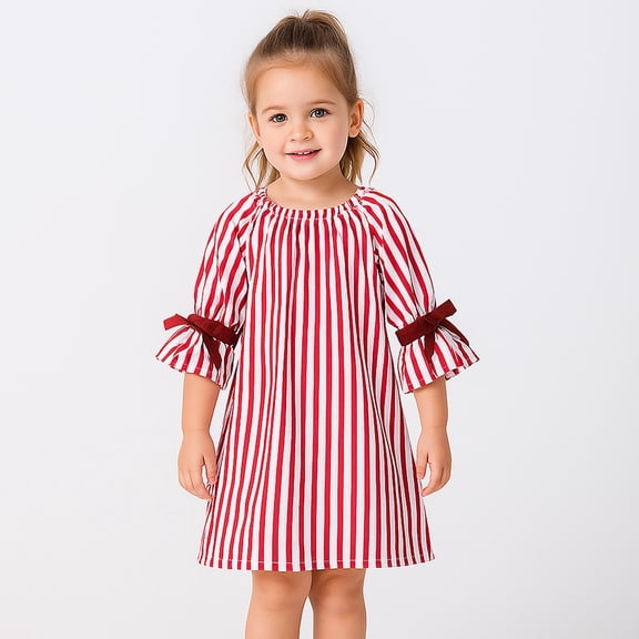 FAOWME Big Kids Girls Dress Long Sleeve Round Neck Striped Print Bow Stylish Elegant Nightwear For Daily Wear Red 12-24 Months