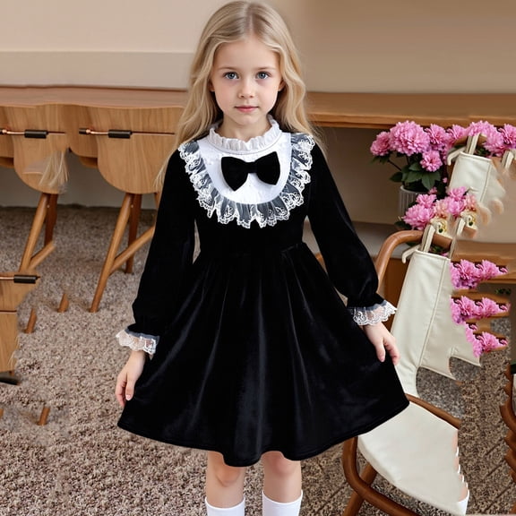 FAOWME Big Kids Girls Dress Long Sleeve Stand Collar Lace Trim Bow Stylish Elegant Dresses For Festive Holiday Party Black 3-4 Years