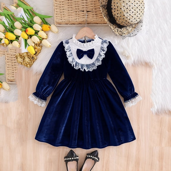 FAOWME Big Kids Girls Dress Long Sleeve Stand Collar Lace Trim Bow Stylish Elegant Dresses For Festive Holiday Party Blue 7-8 Years