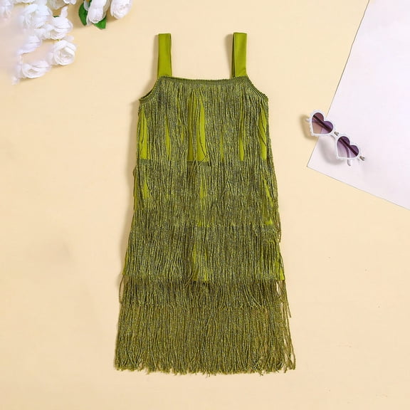 FAOWME Big Kids Girls Dress Tassels Sleeveless Suspenders Solid Color Stylish Comfortable Dresses For Festive Holiday Party Green 18-24 Months