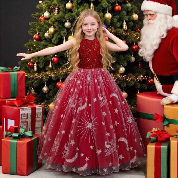 FAOWME Big Kids Girls Formal Dress Sleeveless Round Neck Mesh Cartoon Print Elegant Tutu Long Dresses For Christmas Performance Red 5-6 Years