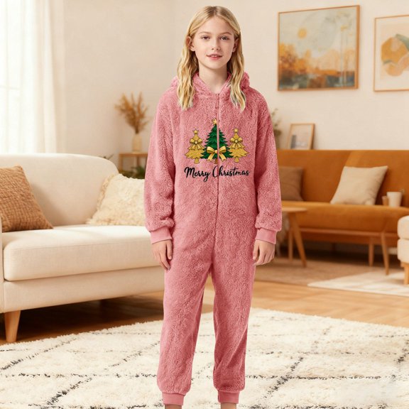FAOWME Big Kids Girls Hooded Jumpsuits Long Sleeve Christmas Tree Print Zipper Plush Warm Soft Romper Bodysuits For Daily Wear Pink 7-8 Years