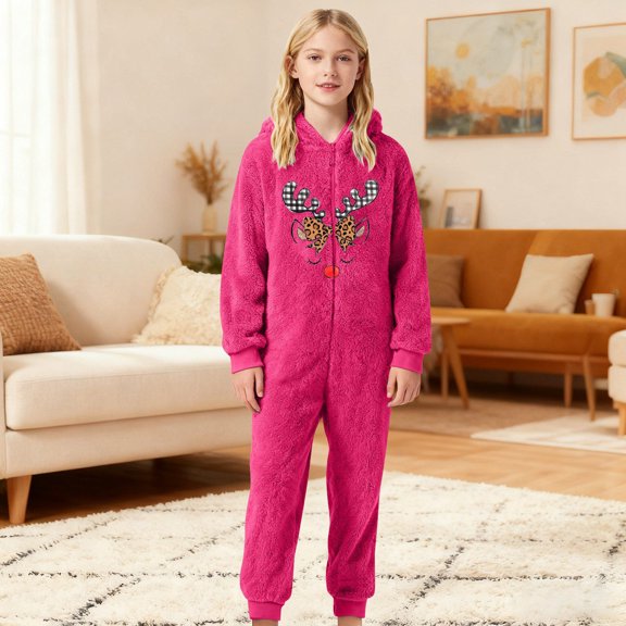 FAOWME Big Kids Girls Hooded Jumpsuits Long Sleeve Reindeer Print Zipper Plush Warm Soft Romper Bodysuits For Daily Wear Hot Pink 3-4 Years