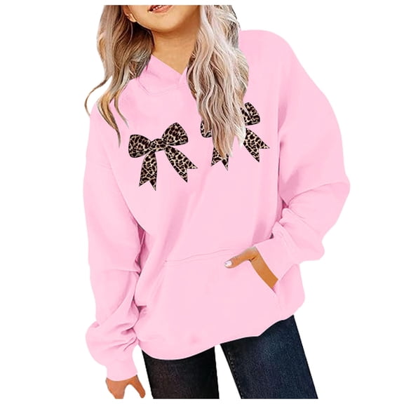FAOWME Big Kids Girls Hoodies With Pocket Long Sleeved Bow Print Fashion Comfortable Loose Fit Sweatshirts For Daily Wear Pink 4-5 Years
