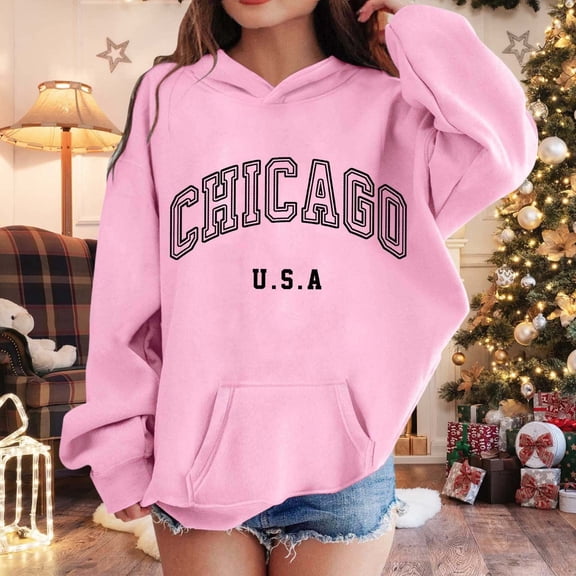 FAOWME Big Kids Girls Hoodies With Pocket Long Sleeved Letter Print Fashion Comfortable Loose Fit Sweatshirts For Daily Wear Pink 5-6 Years