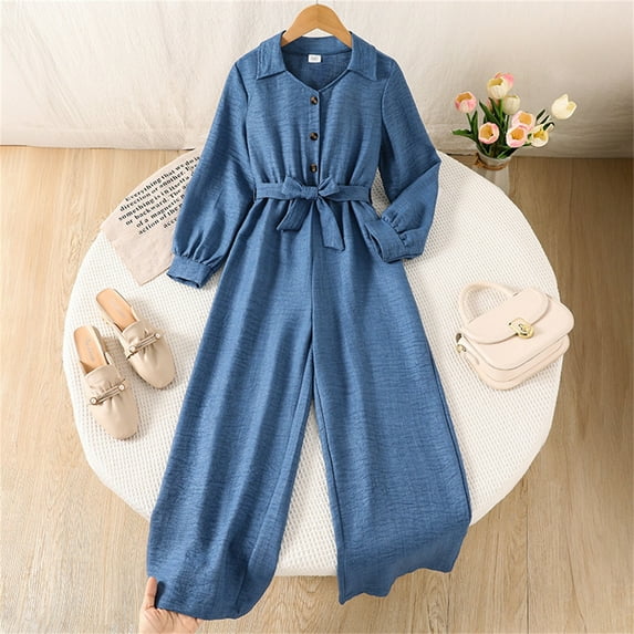 FAOWME Big Kids Girls Jumpsuits Long Sleeve Lapel Solid Color Lace Up Comfortable Soft Romper For Daily Wear Blue 7-8 Years