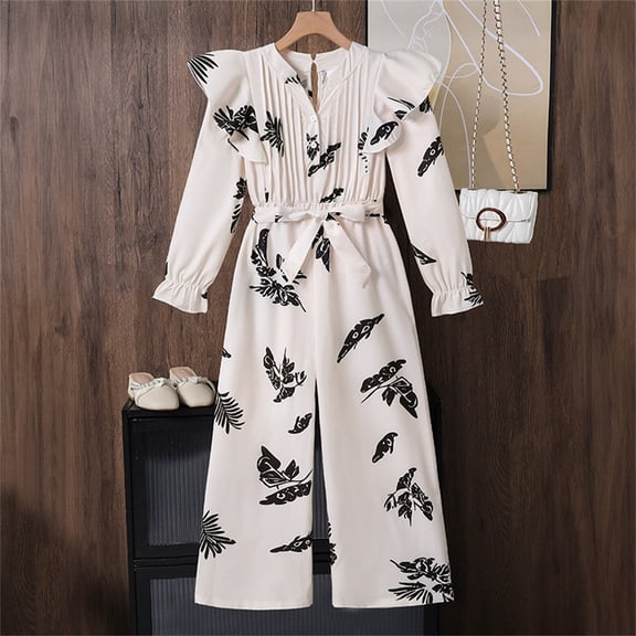 FAOWME Big Kids Girls Jumpsuits Long Sleeve V Neck Print Lace Up Comfortable Soft Romper For Daily Wear Beige 9-10 Years