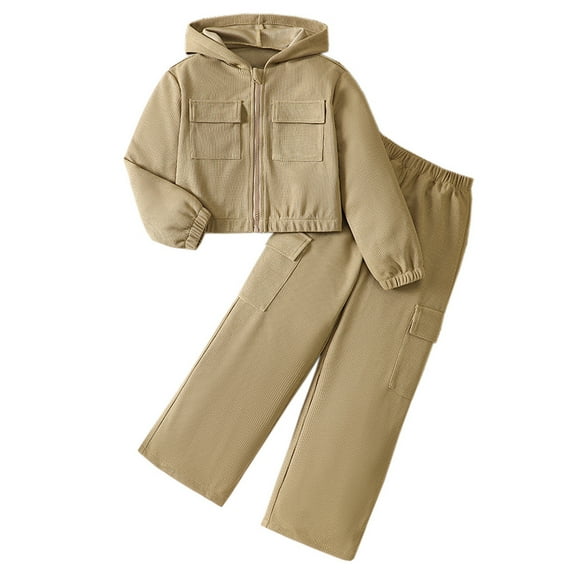 FAOWME Big Kids Girls Outfit Long Sleeve Solid Color Zipper Pocket Hooded Top And Wide Leg Pants Comfortable Casual Sets For Fall Winter Daily Wear Khaki 7-8 Years