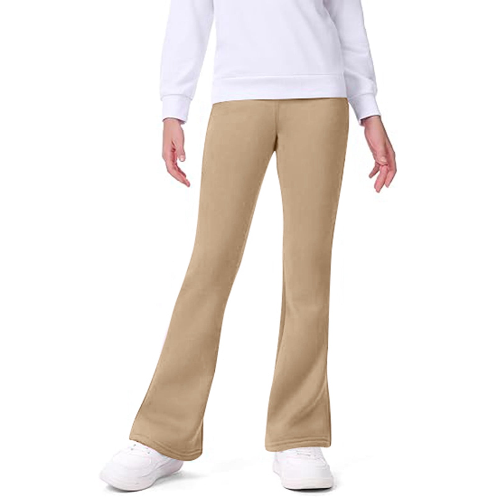 Big Kids Girls Pants High Waisted Solid Color Comfortable Stretch Fashionable Flare Leggings Trousers For Daily Wear Khaki 11-12 Years