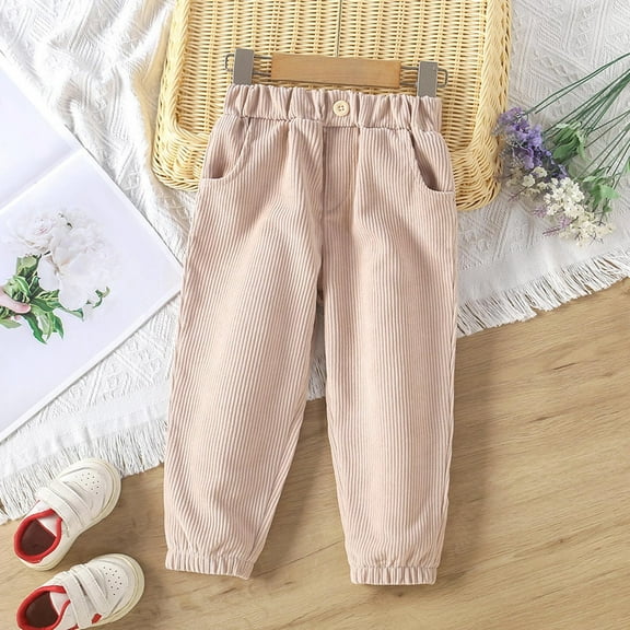 FAOWME Big Kids Girls Pants With Pocket Elastic Waist Solid Color Straight Leg Comfortable Soft Trousers For Outdoor Activities Beige 18-24 Months
