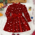thumbnail image 1 of FAOWME Big Kids Girls Plush Dress Long Sleeve Star Print Ruffle Hem Bow Tie Belt Stylish Elegant Dresses For Autumn Winter Holiday Party Red 7-8 Years, 1 of 8