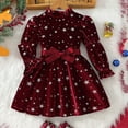 thumbnail image 1 of FAOWME Big Kids Girls Plush Dress Long Sleeve Star Print Ruffle Hem Bow Tie Belt Stylish Elegant Dresses For Autumn Winter Holiday Party 5-6 Years, 1 of 8