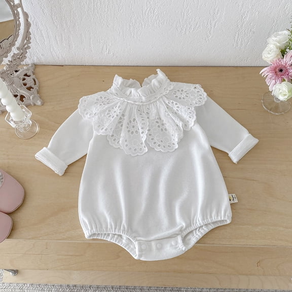 FAOWME Big Kids Girls Romper Long Sleeve Peter Pan Collar Lace Trim Comfortable Stylish Bodysuits Jumpsuits For Daily Wear White 6-9 Months