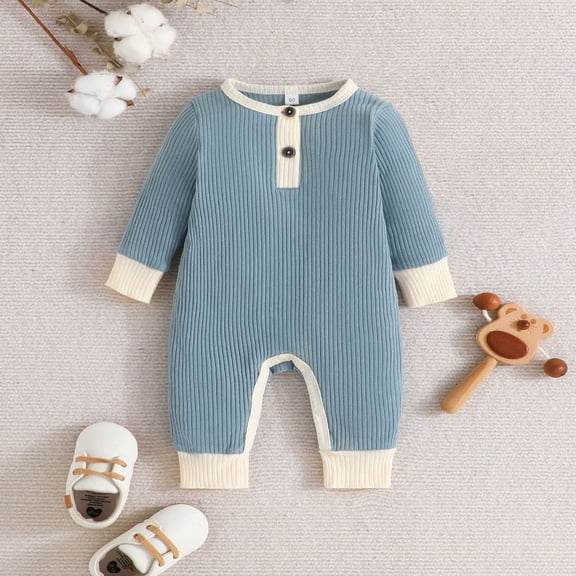 FAOWME Big Kids Girls Romper Long Sleeve Round Neck Color Block Ribbed Comfortable Stylish Bodysuits Jumpsuits For Daily Wear Blue 6-9 Months