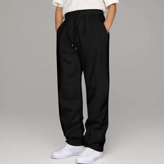 FAOWME Big Kids Pants With Pocket Drawstring Elastic Waist Solid Color Wide Leg Comfortable Casual Trousers For Daily Wear Black 13-14 Years