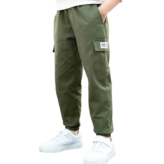 FAOWME Big Kids Pants With Pockets Elastic Waist Solid Color Stylish Casual Loose Trousers For Daily Wear Green 4-5 Years