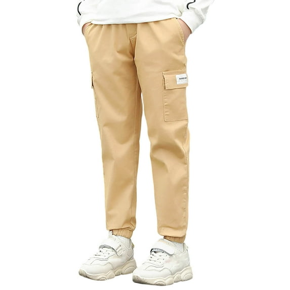 FAOWME Big Kids Pants With Pockets Elastic Waist Solid Color Stylish Casual Loose Trousers For Daily Wear Khaki 4-5 Years