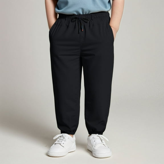 FAOWME Big Kids Pants With Pockets Plus Size Drawstring Elastic Waist Solid Color Stylish Casual Loose Trousers For Daily Wear Black 5-6 Years