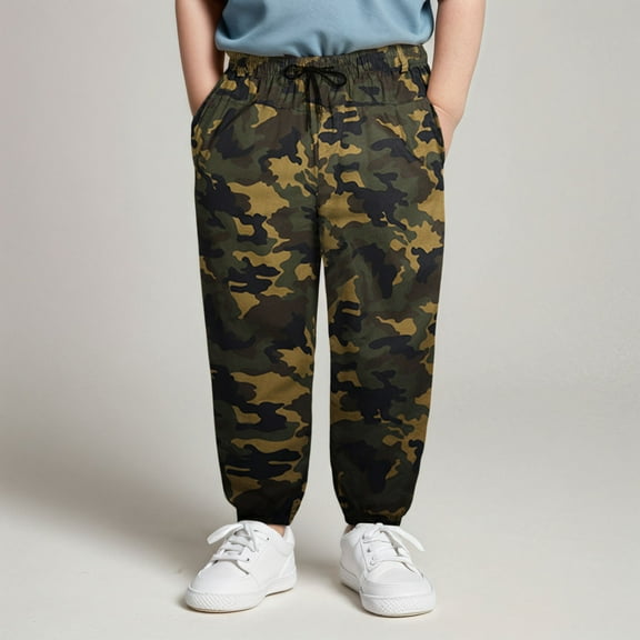 FAOWME Big Kids Pants With Pockets Plus Size Drawstring Elastic Waist Solid Color Stylish Casual Loose Trousers For Daily Wear Camouflage 5-6 Years