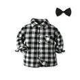 thumbnail image 1 of FAOWME Big Kids Shirt With Pocket Long Sleeve Lapel Button Down Plaid Print Bow Tie Comfortable Breathable Top Coat For Daily Wear Black 12-18 Months, 1 of 3