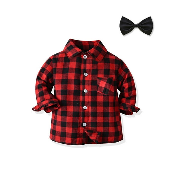 FAOWME Big Kids Shirt With Pocket Long Sleeve Lapel Button Down Plaid Print Bow Tie Comfortable Breathable Top Coat For Daily Wear Red 5-6 Years