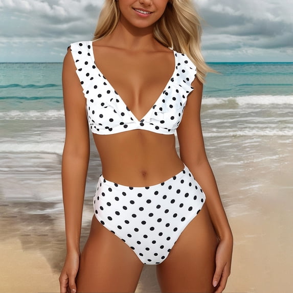 FAOWME Bikini Set For Women Polka Dot Print Deep V Neck Ruffles Comfortable Stylish Two Piece Swimsuit Swimwear For Pool Beach,White,S