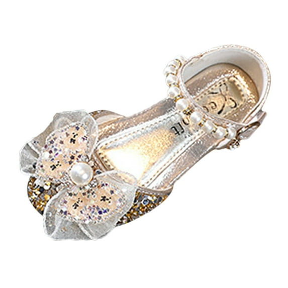 FAOWME Bow Metal Pearl Rhinestone Color Matching Gradient Spring Shoes For Girls Gold 6-7 Years
