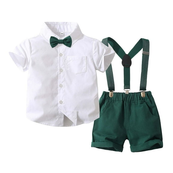 FAOWME Boys Gentleman Solid Color Shirt & Spaghetti Set Summer Formal Suit For Kids Stage & Party Outfits White 4-5 Years