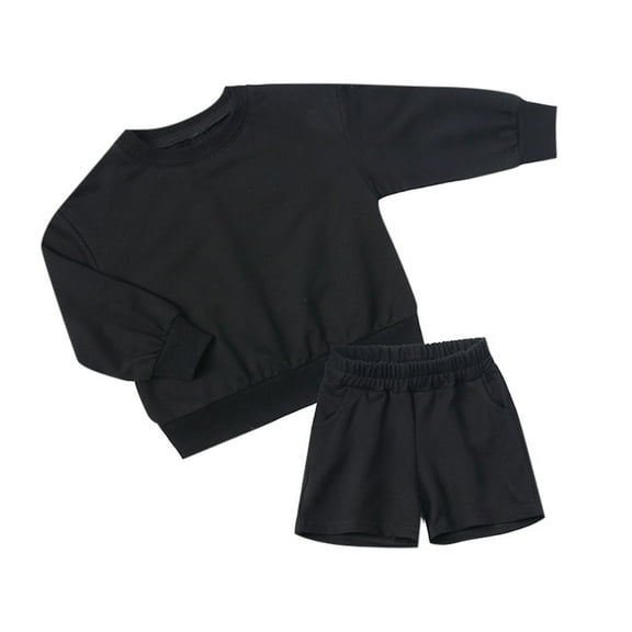 FAOWME Boys Girls 2 Pcs Pullover Thin Sweat Suit Unisex Kids Long Sleeve Hoody Tops + Elastic Waist Shorts Pockets Set Black 9-10 Years