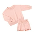 thumbnail image 1 of FAOWME Boys Girls 2 Pcs Pullover Thin Sweat Suit Unisex Kids Long Sleeve Hoody Tops + Elastic Waist Shorts Pockets Set Pink 9-10 Years, 1 of 2
