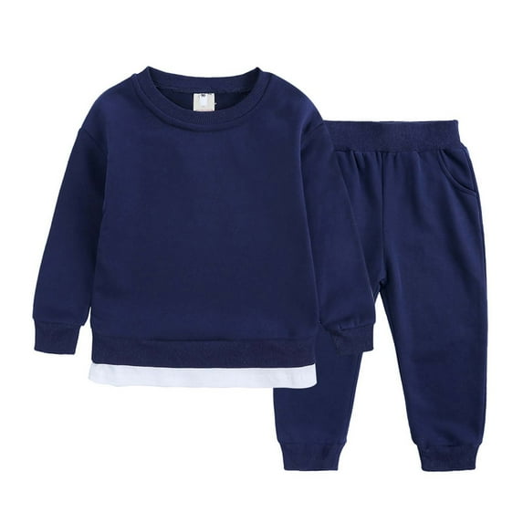 FAOWME Boys Girls 2 Pcs Sweatshirt Hoodie Pullover Tops Sweat Suit Unisex Long Sleeve Hoody Tops + Elastic Waist Shorts Pockets Set Navy 2-3 Years