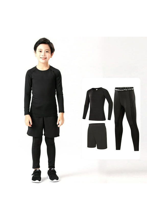 Boys Girls Base Layer Athletic Compression Leggings And Shirts Thermal Underwear Set Running Pants Tights Black 14-15 Years