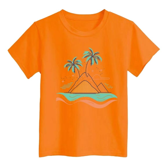 FAOWME Boys Girls Island Print Casual T-Shirt Fashion Kids Comfort Fit Tops Beach Dailywear Tee Orange 7-8 Years