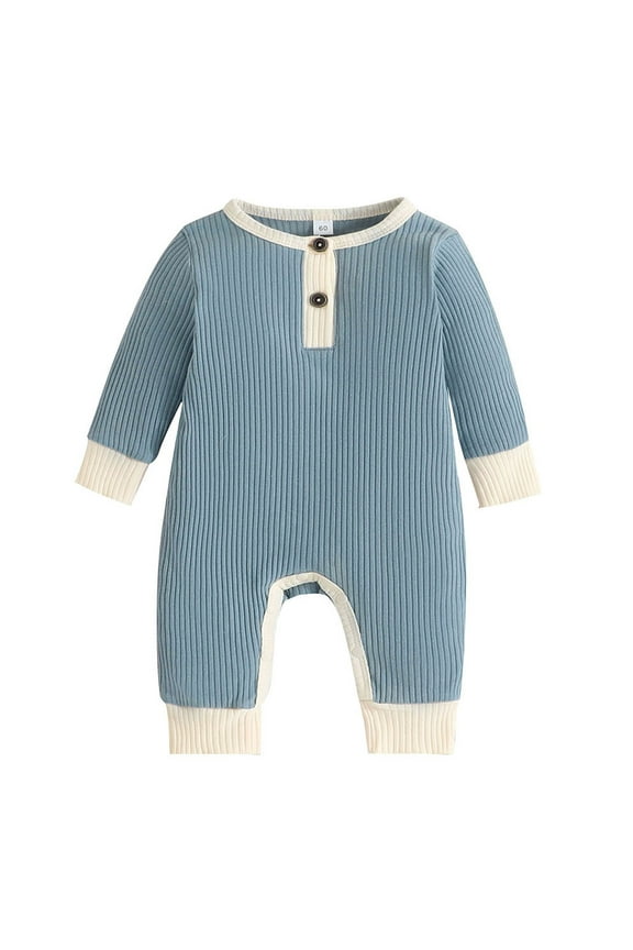 Boys Girls Long Sleeve Patchwork Colour Ribbed Romper Jumpsuit Onesie Clothes Blue 6-9 Months