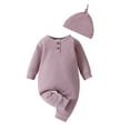 thumbnail image 1 of FAOWME Boys Girls Long Sleeve Solid Color Pullover Romper Jumpsuit Onesie Clothes Hat Set Purple 6-9 Months, 1 of 6
