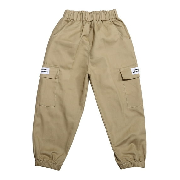 FAOWME Boys Kids Summer Casual Cargo Pants Solid Color Personality Loose Sweatpants Pants Trousers Trousers For Sports Activewear Khaki 8-9 Years