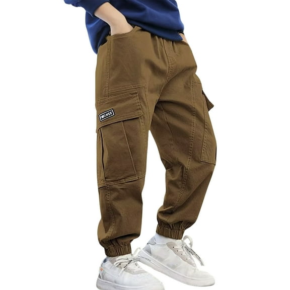 FAOWME Boys Pants Drawstring Elastic Sweatpants Pants Trousers Active Joggers Warm Sweatpants Pants Trousers For Kids Brown 11-12 Years
