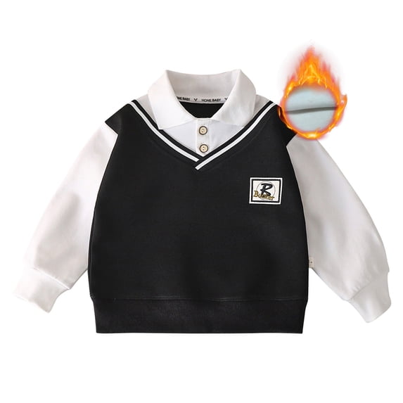FAOWME Boys School Outfits Lined Sweater Kids Long Sleeve V Neck Shirt Pullover Fall Winter Warm Clothes Black 2-3 Years