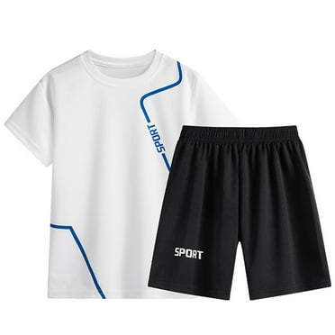 FAOWME Boys Short Sleeved Running Suit Casual Quick Drying Clothes For Boys Girls Summer T-Shirt Shorts Outfits 2PCS Set White 13-14 Years