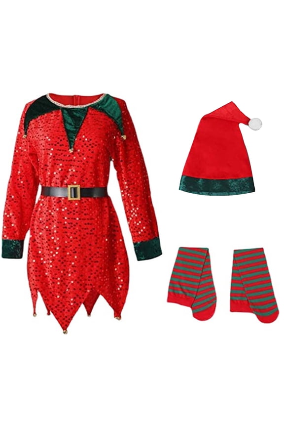 Child 3Pcs Kids Boys Girls Christmas Sets Belt Santa's Helper Sequin Dress Xmas Outfits With Hat Stockings For Christmas Xmas Party Clothes Sets Birthday O-Neck Dailywear