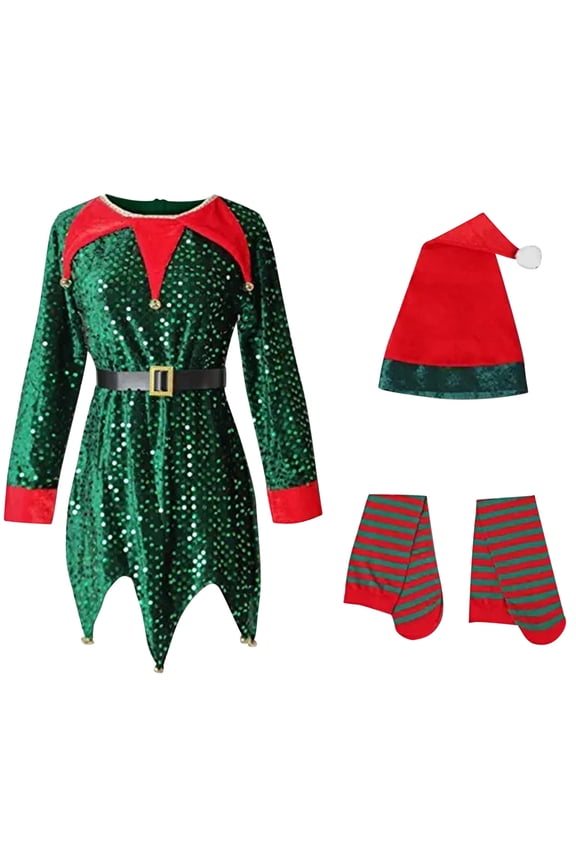 Child 3Pcs Kids Boys Girls Christmas Sets Belt Santa's Helper Sequin Dress Xmas Outfits With Hat Stockings For Christmas Xmas Party Clothes Sets Stylish O-Neck Dailywear